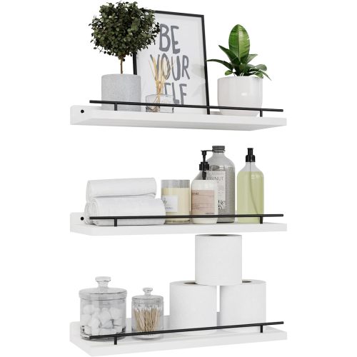 WOPITUES Floating Shelves with Black Metal Guardrail, Shelves for Wall Decor Set of 3, Wall Shelves for Bedroom, Bathroom, Kitchen, Living Room, Plants, Picture Frames, Art- Black and White