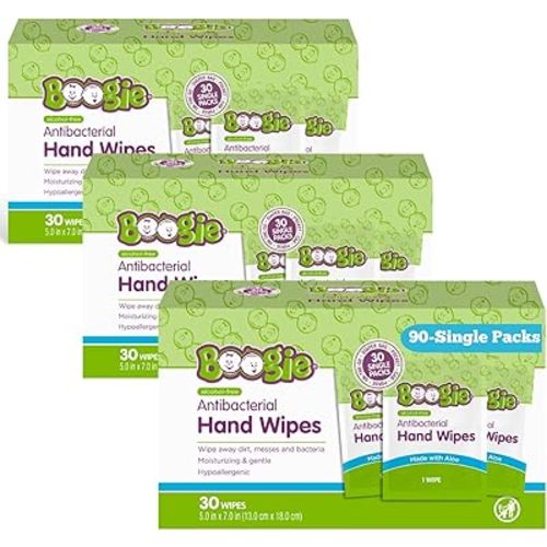 Boogie Antibacterial Hand Wipes, Alcohol Free, Hypoallergenic and Moisturizing Aloe, Hand Wipes for Kids and Adults, Single Packs, 30 Wipes (Pack of 3)