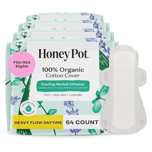 The Honey Pot Company - 64ct - Herbal Sanitary Pads for Women - Heavy Flow w/Wings - Infused w/Essential Oils for Cooling Effect & Organic Cotton Cover - Feminine Care