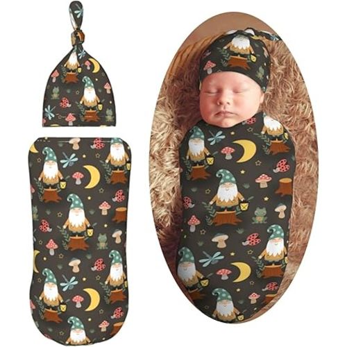 Gnome Frog and Mushrooms Newborn Swaddle Blanket with Beanie Set Soft Baby Sleep Sack Stretch Adjustable Swaddle Wraps Receiving Blankets