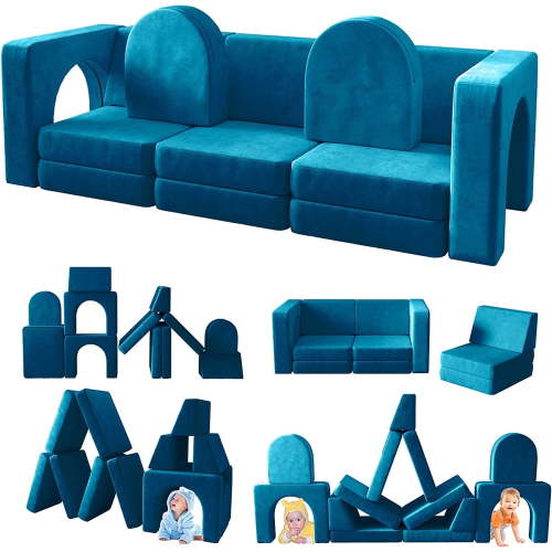 Linor 13Pcs Toddler Building Sofa, Friendly Kids Couch for Playroom, Children's Modular Couch, Blue