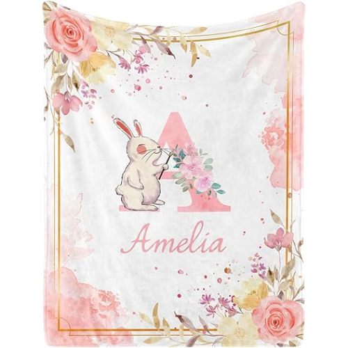 Personalized Baby Blanket with Name, Custom Name Blanket for Kids Soft Flanne Blankets in Easter Personalized Baby Gifts for Infant Newborn Shower (Pink)