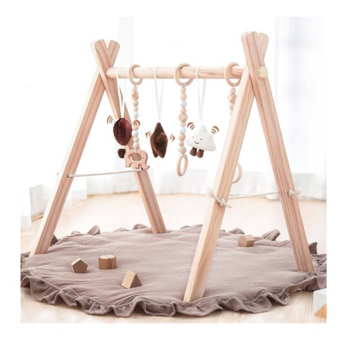 Razee Wooden Baby Play Gym Play Mat, Foldable Baby Gym with 6 Hanging Sensory Toys for Newborn Shower Gift