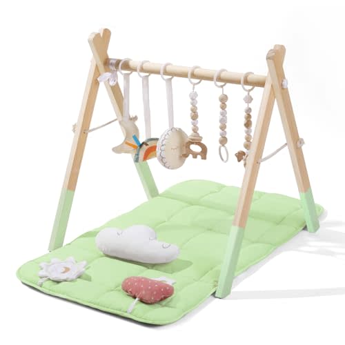 Foldable Baby Play Gym with Mat, Wooden Play Gym with 9 Sensory Toys, Frame Activity Center, Natural Pine Wood, Montessori Toys, Easy to Assemble & Clean, Green Color