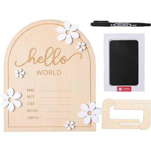 iEvolve Baby Announcement Sign Hello World Wooden Birth Name Sign Welcome Baby Newborn Board Butterflies and White Flowers Nursery Decor for Baby Girls Boys (White Flowers)