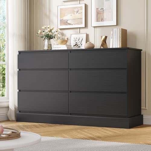 DICTAC 6 Drawers Dresser for Bedroom, Black Modern Chest of Drawers, Storage Tower Clothes Organizer Closet, Long Double Dresser with No Handle Drawers, Dimensions 51.6''L x 15.7''D x 29.3''H