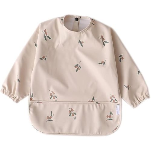 GZMM Waterproof Baby Bibs,Infant Toddler Long Sleeve Feeding Bib With Food Catcher,Easy Clean & Washable - Beige Olive - 6-12 months