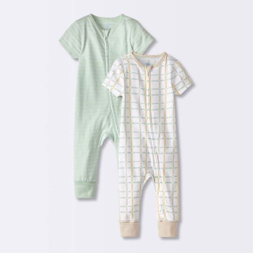 Baby 2pk Striped Grid Adjustable Cuff Romper - Cloud Island™ Mint Green Newborn