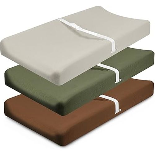 Muslin Changing Pad Cover, MomK!ds 3 Pack Changing Table Cover with Safety Straps Holes, Stretch Ultra Soft Diaper Changing Pad Sheets, Changing Table Sheets Fit 32"/34" x 16" Pads (Grey)