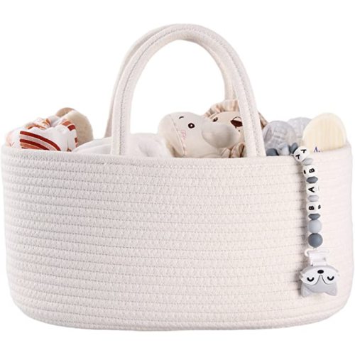 Baby Diaper Caddy Organizer for Girl Boy Cotton Rope Nursery Storage Bin Basket Portable Holder Tote Bag for Changing Table Car Travel Baby Shower Gifts Newborn Essentials Registry Must Haves White - Regular