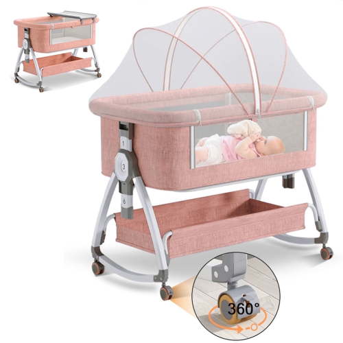PUEDO 5-in-1 Baby Bassinet,6-Height-Adjustable Crib with Lockable Wheels,Changing Table(Pink)