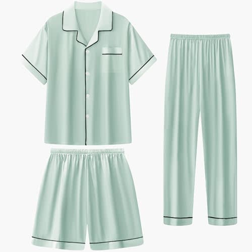 Girls Silk Pajamas Set,Girl Satin Pajamas 3 Piece Button-up Nightwear Loungewear,Girls PJS Clothes for 4T-15Years