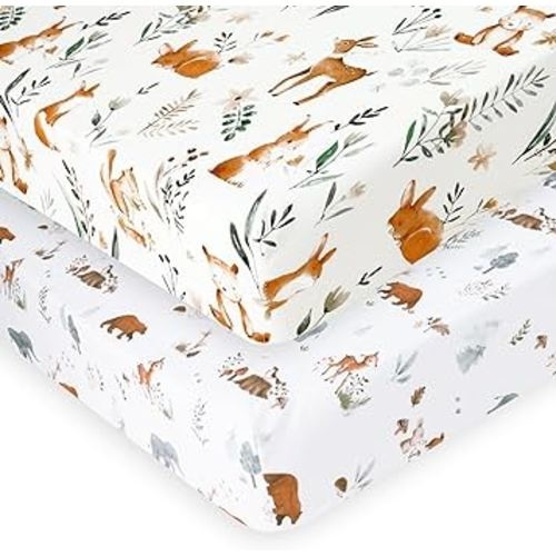 PHF Soft Crib Sheet Fitted, 2 Pack Baby Sheets for Boys Girls, 28x52x9in Fits Standard Crib and Toddler Mattresses, Silky Comfy Breathable Polyester Baby Mattress Sheets, Woodland