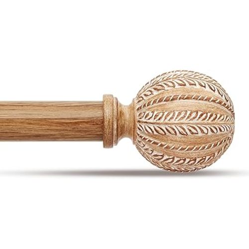 Wood Curtain Rod for Windows 28 to 48 Inch, 1'' Diameter Adjustable Heavy Duty Rustic Farmhouse Drapery Rods with Boho Imitation Wooden Grain Decorative Finials, Size: 30''-60'' – Light Wood