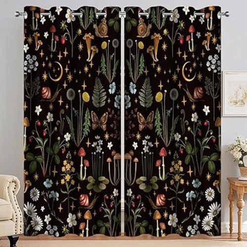 Moonslim Forest Floral Blackout Curtains, Woodland Mushroom Wildflower Window Drapes, Thermal Insulated Darkening for Bedroom Living Room Decor 2 Panels 52x63 Inch