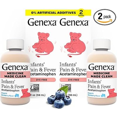 Genexa Infants’ Clean Pain & Fever Acetaminophen, Dye Free, 0% Artificial Additives, Delicious Organic Blueberry Flavor, Liquid Oral Suspension Medicine for Baby, 160 mg per 5mL, 4 fl oz (2 Pack)