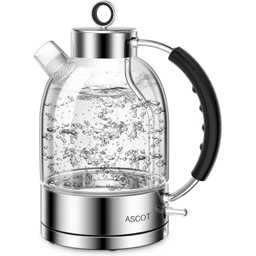 ASCOT Electric Kettle, Glass Electric Tea Kettle Gifts for Men/Women/Family 1.5L 1500W Borosilicate Glass Tea Heater, with Auto Shut-Off and Boil-Dry Protection (Silver)
