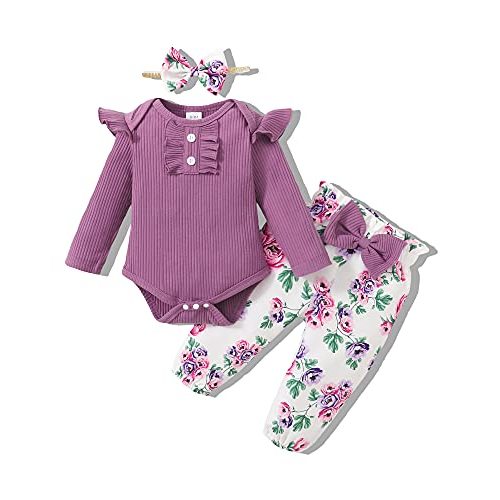 Mioglrie Infant Baby Girl Clothes Romper Pants Set Cute Baby Girls' Clothing Gifts Cotton Baby Clothes for Girls Outfits Floral Baby Girl Stuff Purple 6-12 Month Girl Clothes