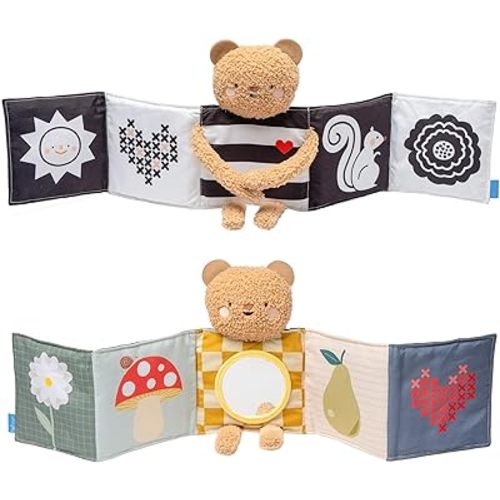 Taf Toys Double-Sided Sensory Montessori Baby Book for Newborns - Soft Plush Bear Tummy Time Toy- High Contrast Black & White/Newborn Toys 0-3/0-6 Months - Baby Mirror - Perfect