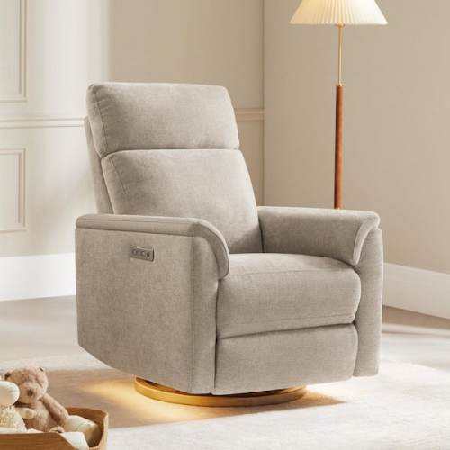 Amos Khaki Fabric Swivel Glider Power Recliner Chair with Power Headrest, Nightlight, USB and Type-C Charging Ports