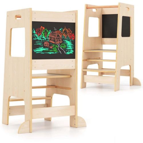 Costway Toddler Kitchen Step Stool with Activity Chalkboard Adjustable Height & Safety Rail Beige