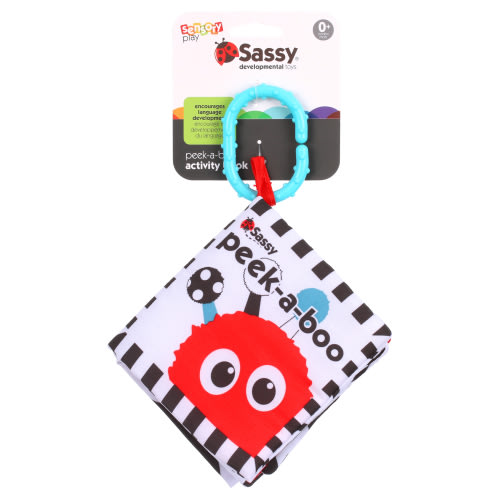 Sassy Peek-a-Boo Activity Book with Attachable Link for on-The-Go Travel for Ages Newborn and up
