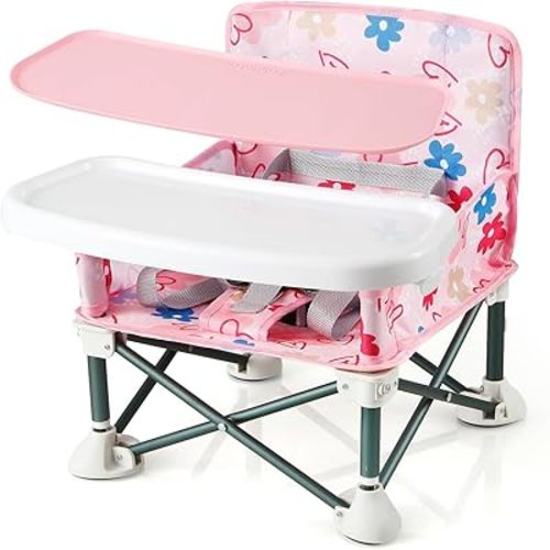 PandaEar Portable Baby Seat Travel| Compact Fold with Straps for Indoor/Outdoor Use| Great for Camping, Beach, Lawn |Toddlers, Kids, Boys, Girls (with Placemat, Pink)