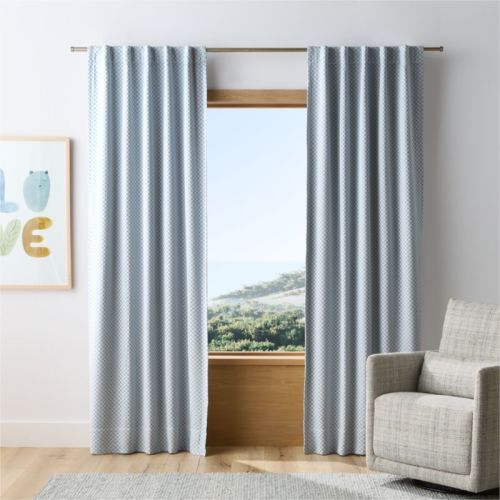 Mini Checker Sky Blue Kids Organic Cotton Blackout Curtain Panel 44"x84"