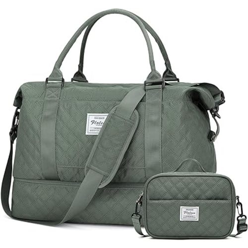 Weekender Bags for Women, Travel Duffel Bags with Shoe Compartment,Personal Item Travel Bag for Airlines, Carry on Overnight Tote Bag for Women with Toiletry Bag,Grid-Olive Green