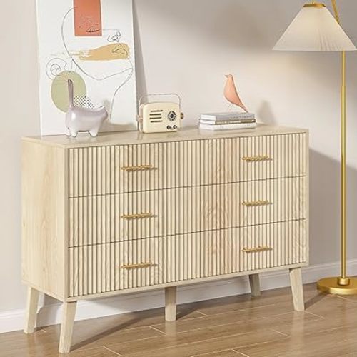 Accent 6 Drawer Dresser, Modern Closet Dressers Chest of Drawers with Fluted Panel, Living Room Bedroom Nursery Entryway and Hallway (Oak)