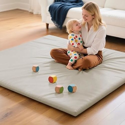 Vegan Leather Baby Play Mat, 50x50 Thick & Waterproof Foam Playpen Mat for Babies and Toddlers, Non-Toxic Baby Play mats for Floor, Gray