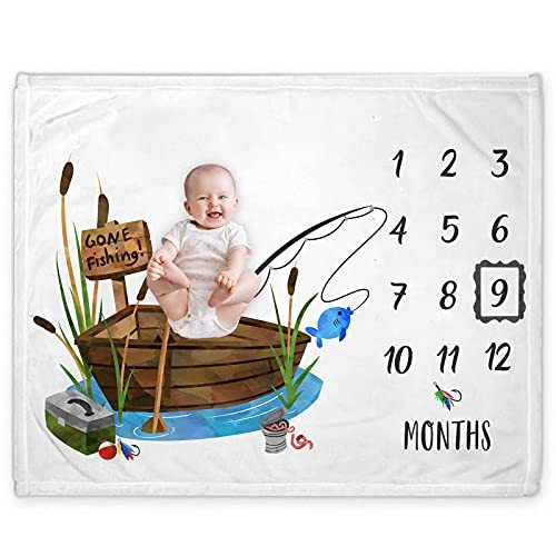 Yuzioey Fishing Baby Monthly Milestone Blanket, Gone Fishing Baby Boy Growth Chart Milestone Photo Blanket, Fishing Boat Newborn, Includes Marker (50"x40")