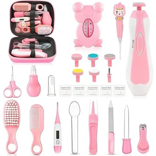 Baby Healthcare and Grooming Kit, 26 in 1 Portable Baby Safety Care Set with Hair Brush Comb Nasal Aspirator Electric Nail Trimmer Set Baby Essentials kit for Newborn Boys Girls (Pink)