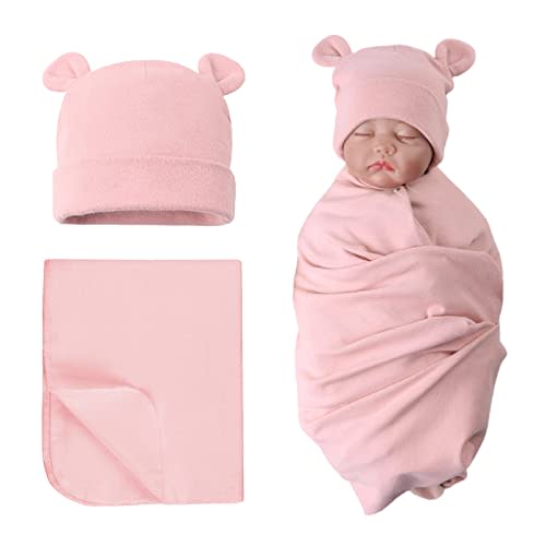 PESAAT Cotton Baby Swaddle Hat Set Newborn Infant Hats Receiving Blankets for Baby Boys Girls