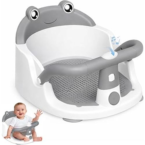 Baby Bath Seat for Babies 6 Months & Up - One-Handed Snap-On Armrest Baby Bath Chair | 4 Suction Cup Non-Slip Baby Bathtub Seat with Storage Bag | Ergonomic Infant Bath Seats for Baby Sitting Up Grey