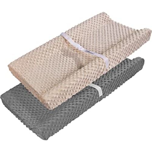 Changing Table Cover, AceMommy Ultra Soft Minky Dots Plush Changing Pad Covers for Baby Boy & Girl Breathable Changing Table Sheets Wipeable Diaper Changing Pad Cover Brown&Grey (2 Pack)