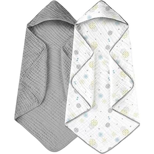 Yoofoss Hooded Baby Towels for Newborn 2 Pack 100% Muslin Cotton Baby Bath Towel with Hood for Babies, Infant, Toddler and Kids, Large 32x32Inch, Soft and Absorbent Newborn Essential