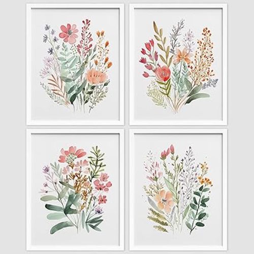 SIGNWIN Framed Colorful Wildflower Forest Bouquet Wall Art, Set of 4 Nature Wilderness Wall Decor Prints, Botanical Floral Wall Décor for Living Room, Bedroom - 11"x14" White