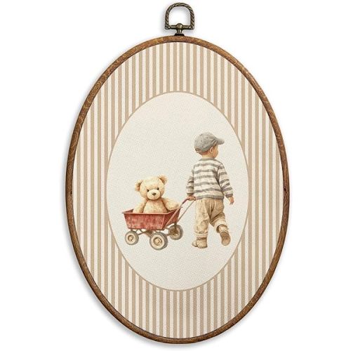 SONMYSULIL Bear Boy Nursery Wall Art Decor, Boys Room Oval Wall Hanging Decor, Toddler Boy Bear Cart Striped Framed Canvas Prints for Kids Nursery Toddler Boys Room Bedroom Playroom, 8.6x11.4 Inch