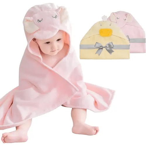 Mooreeke 2 Pack Baby Hooded Towel with Unique Animal Design Cotton Bath Towel for Babies Ultra Soft Absorbent Baby Washcloths for Newborn Essentials (Duck & Elephant)