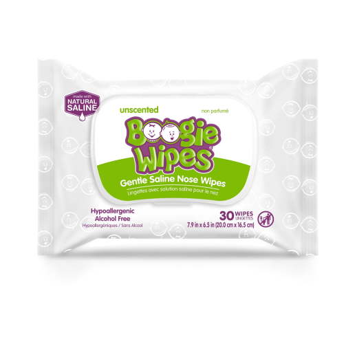 Boogie Wipes Gentle Saline Wet Wipes for Runny or Dry Nose, Hypoallergenic, Unscented, 30 Count HSA/FSA Eligible