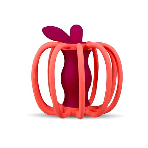 RaZbaby RaZ-Apple Silicone Teether & Rattle Toy – Soft, Flexible & Easy to Hold, Soothing Sounds for Entertainment, Textured for Teething Relief, Nipple-Shaped Stem for Comfort – BPA-Free, 3M+