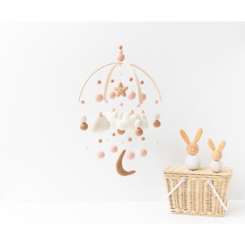 Blush and Beige Baby Mobile - Blush Pink Girl Crib Mobile - Moon and Clouds and Star Cot Mobile - Boho Nursery Mobile - Felt Pom Pom decor