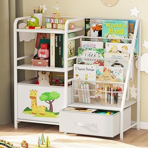 BBLIKE Kids Bookshelf and Toy Storage Organizer - 4 Tier Book Shelf with Movable Toy Box for Kids Rooms, Ideal Bookcase and Toy Organizer for Playroom, Bedroom, Nursery(PVC)