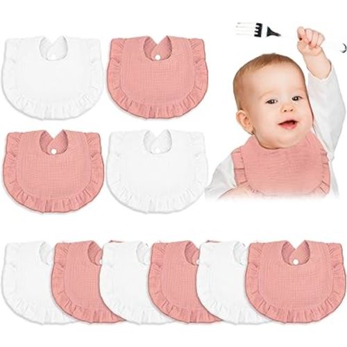 Seematn 10 Pcs Baby Muslin Bibs for Unisex Girls & Boys Drool Bibs Bandana Ruffle Soft Cotton for Newborn Infants Toddlers(Pink, White)