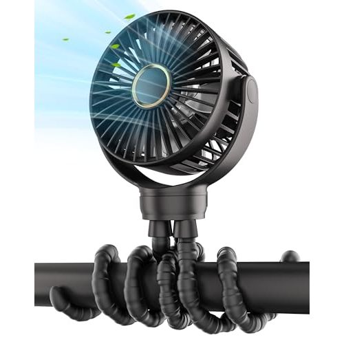 TUNISE Stroller Fan: Rechargeable with TYPE-C Port, 4000mAh, 360° Rotatable, 3-Speed, Flexible Tripod, Clip Anywhere for Baby's Comfort - Durable and Easy to Clean, Black