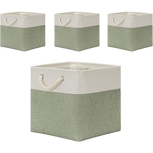 Temary Cube Storage Bins 13x13 Storage Cubes Basket for Gifts Empty, 4 Pack Large Storage Basket with Handles, Decorative Storage Baskets for Home (White&Green)