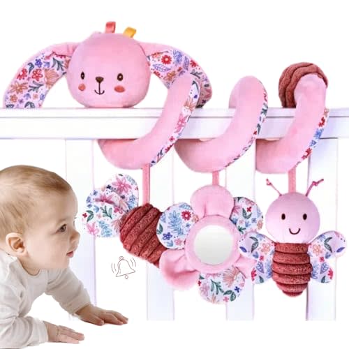 chochumy Spiral Car Seat Toy for Babies 0-6-12 Months Girl Boy, Stroller Baby Toys 0-3-4-5-6 Month Old Newborn Travel Shower Gifts, Carseat Hanging Sensory Toy Bunny for Infant Rattle, Mirror, Crinkle