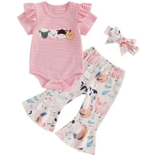 New To The Herd Baby Girl Western Outfit Highland Cow Print Long Sleeve Romper Flare Pants Headband Fall Outfits