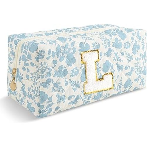 Personalized Quilted Cosmetic Bag, Puffy Monogrammed Christmas Birthday Gifts for Women & Girls, Cute initial Floral Makeup Bag Puffer Coquette Bag, Aesthetic Travel Toiletry Zipper Pouch(Blue,L)